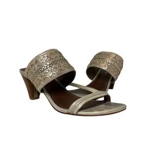 Donald J Pilner Viv Champagne Gold Leather Woven Heeled Sandal 7.5